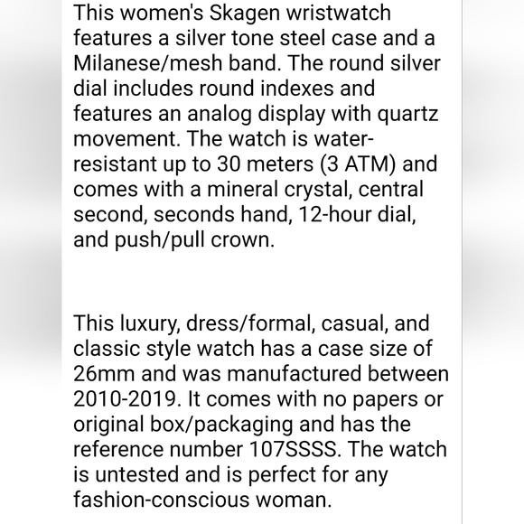 SKAGEN WATCH STAINLESS STEEL with CRYSTAL MARKERS MADE IN DENMARK - Picture 7 of 7